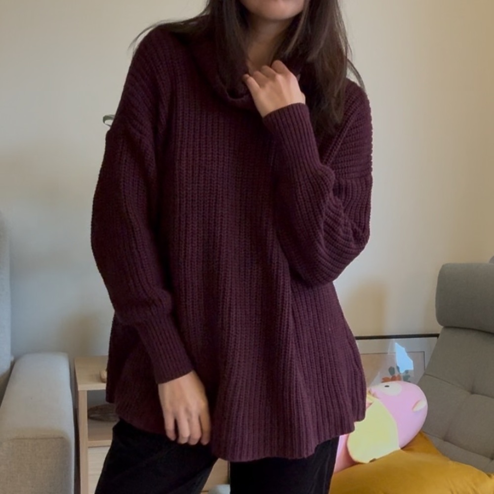 Unisex One Size Retro American Apparel Burgundy Knitted Turtle Neck Sweater